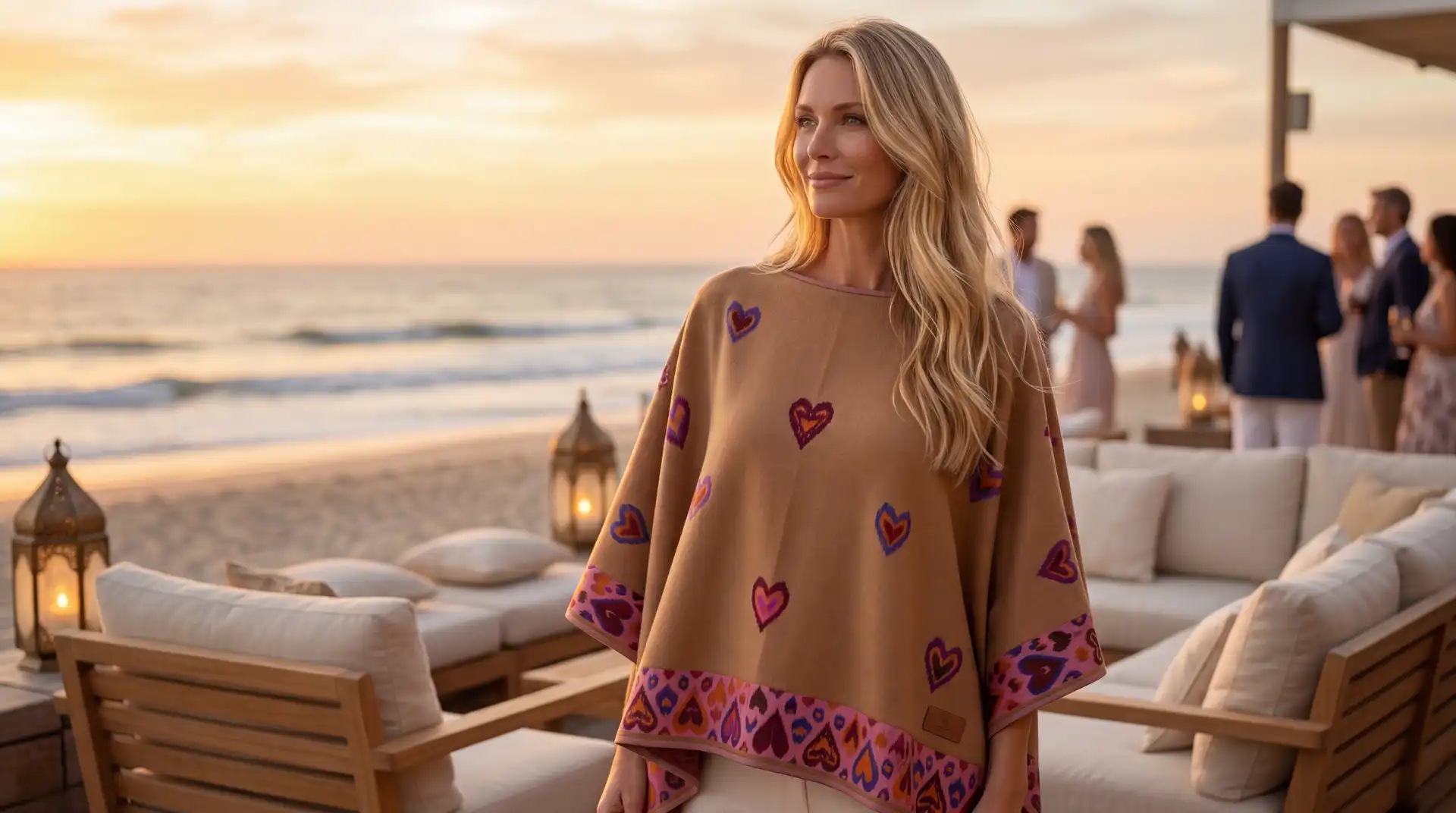 A woman in a heart-patterned poncho stands on a beach patio at sunset, with people and lanterns in the background.