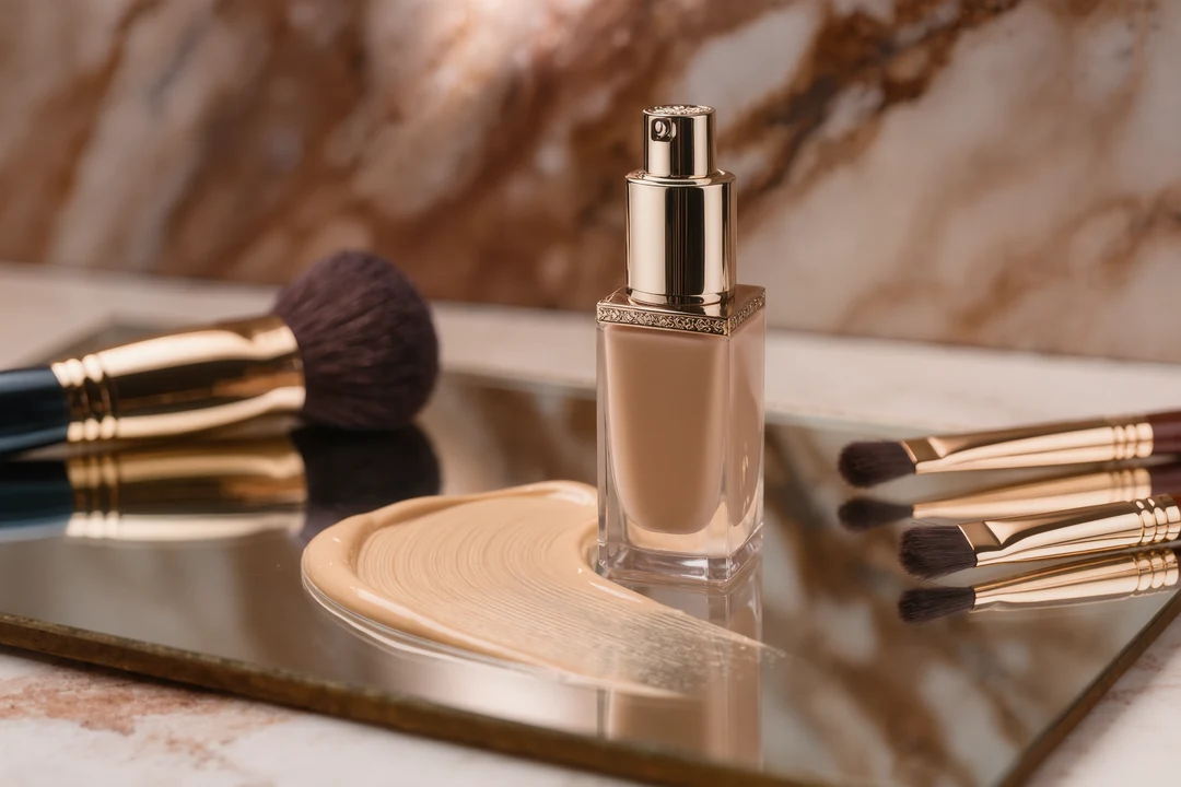 A tube labeled "nudebynature" partially peeks from a black makeup bag, surrounded by makeup brushes and cosmetic jars scattered on a white surface—a glimpse into the Glamesia lifestyle.