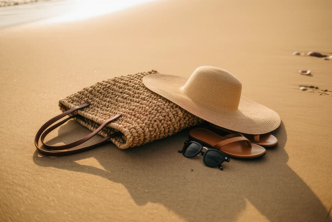 A woven beach bag, sandals, sunscreen, and a straw hat rest on the sandy beach with the ocean in the background—perfect essentials for a touch of Glamesia fashion by the sea.