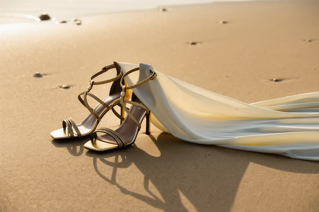 Three people enjoy a stylish lifestyle under two blue-striped umbrellas on a sandy beach, facing the sea beneath a clear sky.