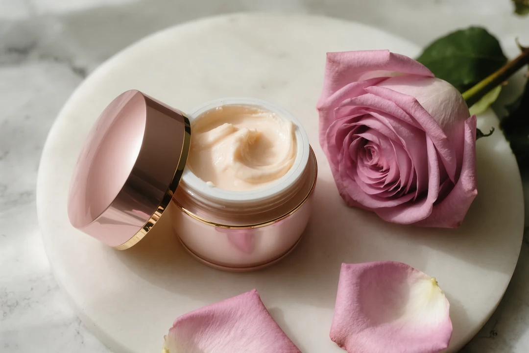 A round container labeled "Elengé" sits on a white tray next to a small pink rose and delicate rose petals, exuding a touch of luxury against the pristine white background.